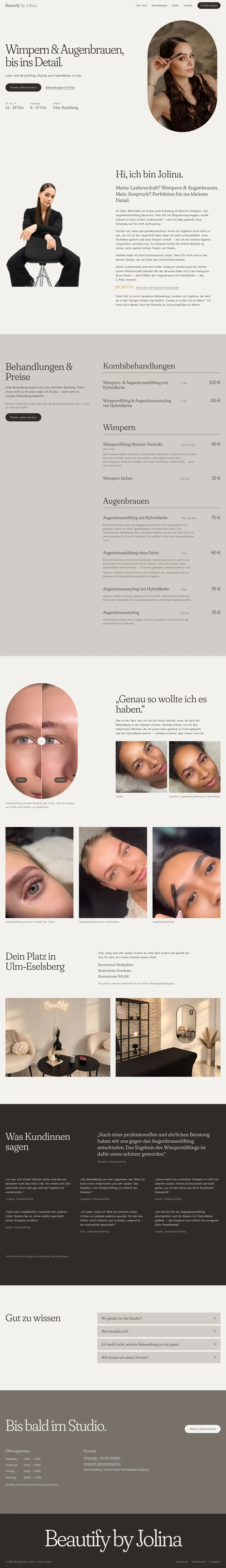 Komplette Startseite von Beautify by Jolina, Studio für Wimpern und Augenbrauen