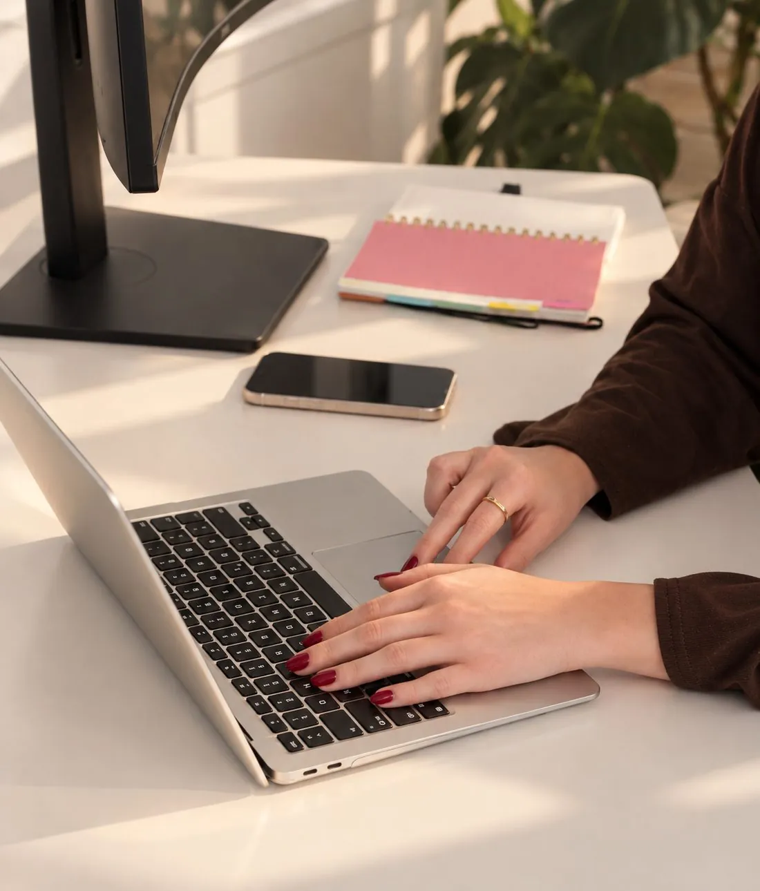 Hände auf einem Laptop an einem hellen Arbeitsplatz mit Pflanzen