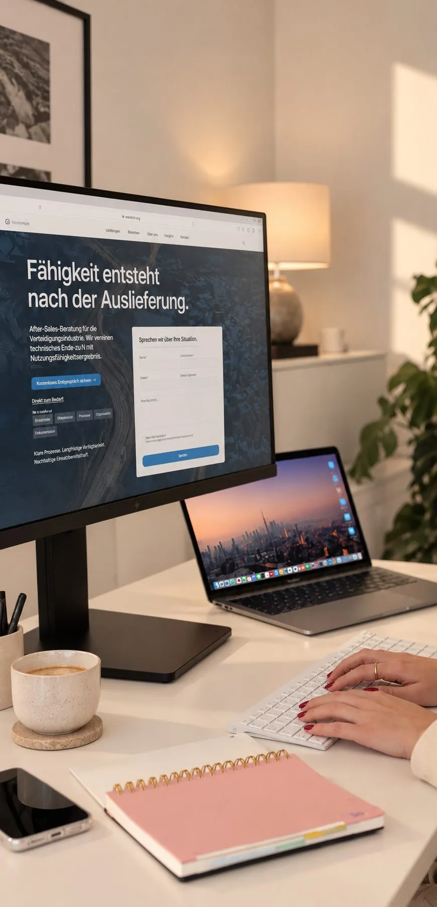 Modernes Homeoffice mit Bildschirm, Laptop und Notizbuch